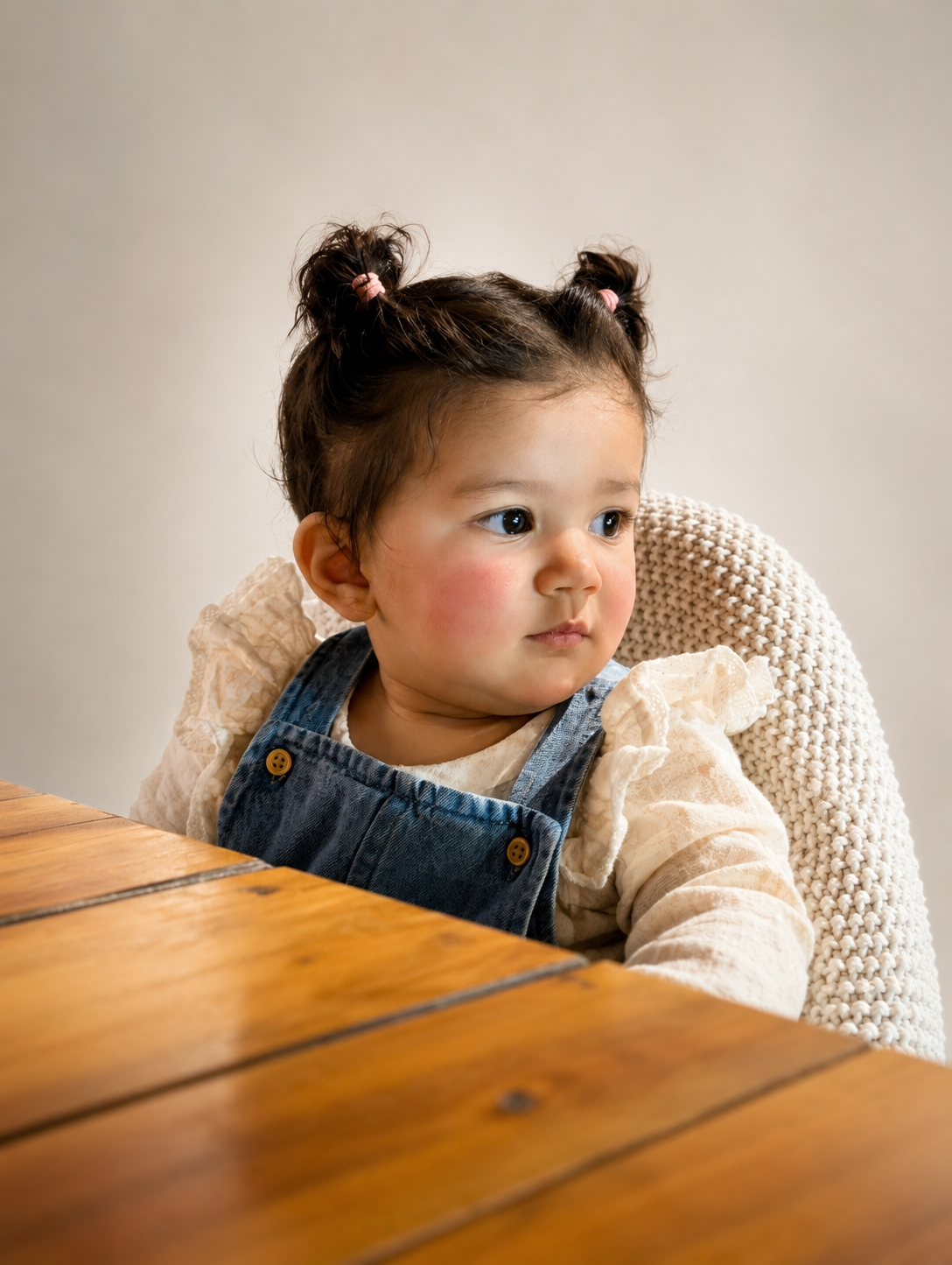 Saanvi in denim overalls at a wooden table